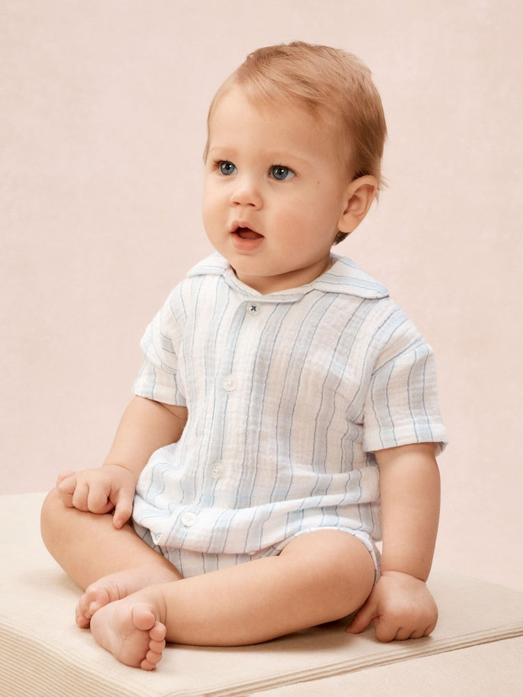 The White Company Blue Double Cotton Watercolour Stripe Classic Rompersuits
