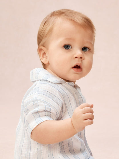 The White Company Blue Double Cotton Watercolour Stripe Classic Rompersuits