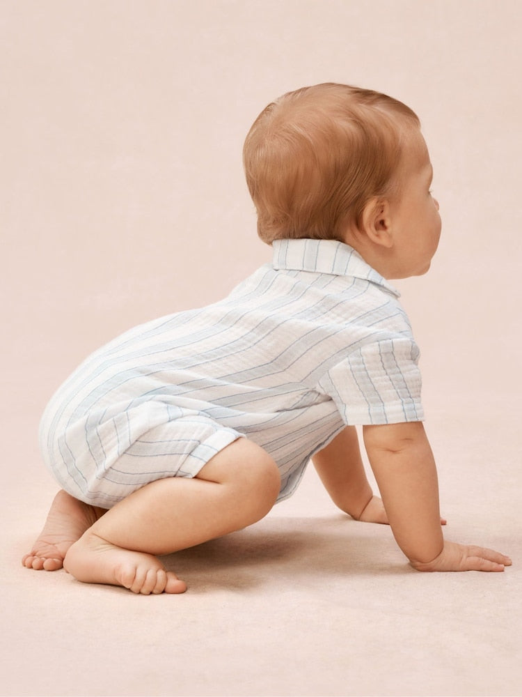 The White Company Blue Double Cotton Watercolour Stripe Classic Rompersuits - Size Newborn