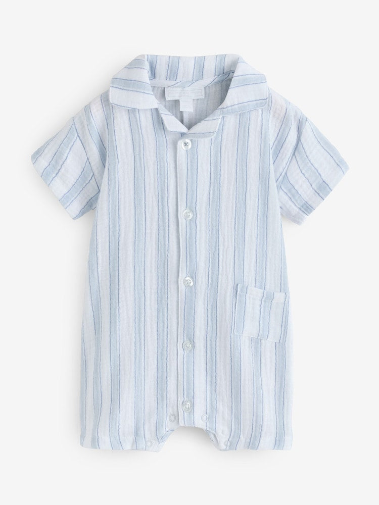 The White Company Blue Double Cotton Watercolour Stripe Classic Rompersuits