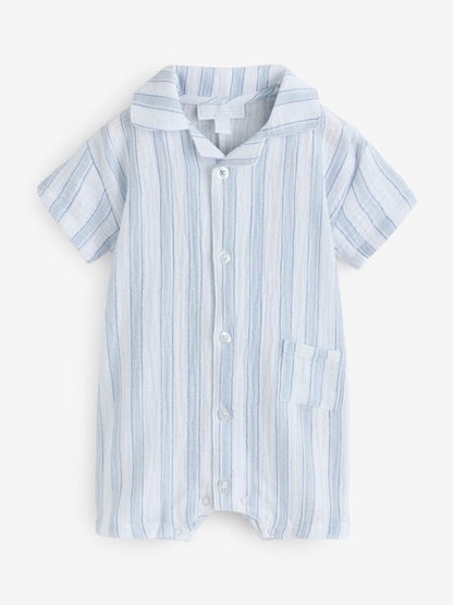 The White Company Blue Double Cotton Watercolour Stripe Classic Rompersuits