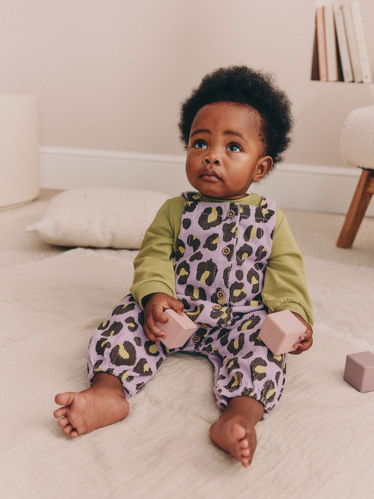 Purple/Green Leopard Print Long Sleeve Bodysuit And Woven Dungarees Set 2 Piece (0mths-2yrs) - Purple/Green Leopard Print / 12 - 18 Months (80 - 86cm)