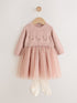 Pink Twofer Knit & Mesh Baby Dress & Tights Set 2 Piece (0mths-2yrs) - Pink / 12 - 18 Months (80 - 86cm)