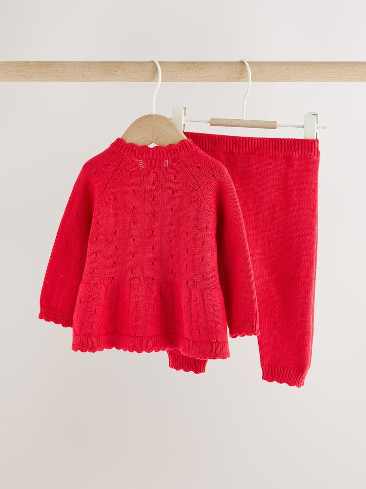 Red Frill Knitted Bow Baby Cardigan &amp; Leggings Set 2 Piece (0mths-2yrs)
