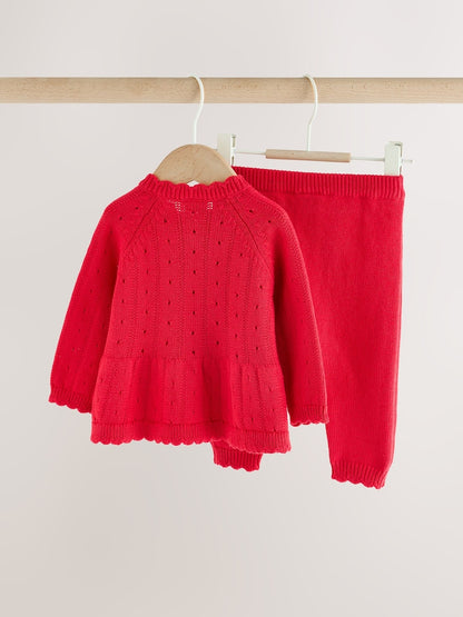 Red Frill Knitted Bow Baby Cardigan &amp; Leggings Set 2 Piece (0mths-2yrs)