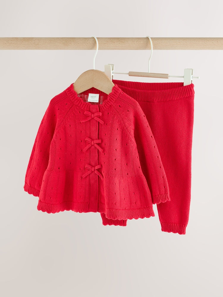 Red Frill Knitted Bow Baby Cardigan &amp; Leggings Set 2 Piece (0mths-2yrs)
