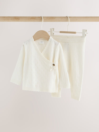 Ecru Knitted Wrap Over Cardigan And Leggings 2 Piece Set With Cashmere (0mths-2yrs) - Ecru / 12 - 18 Months (80 - 86cm)