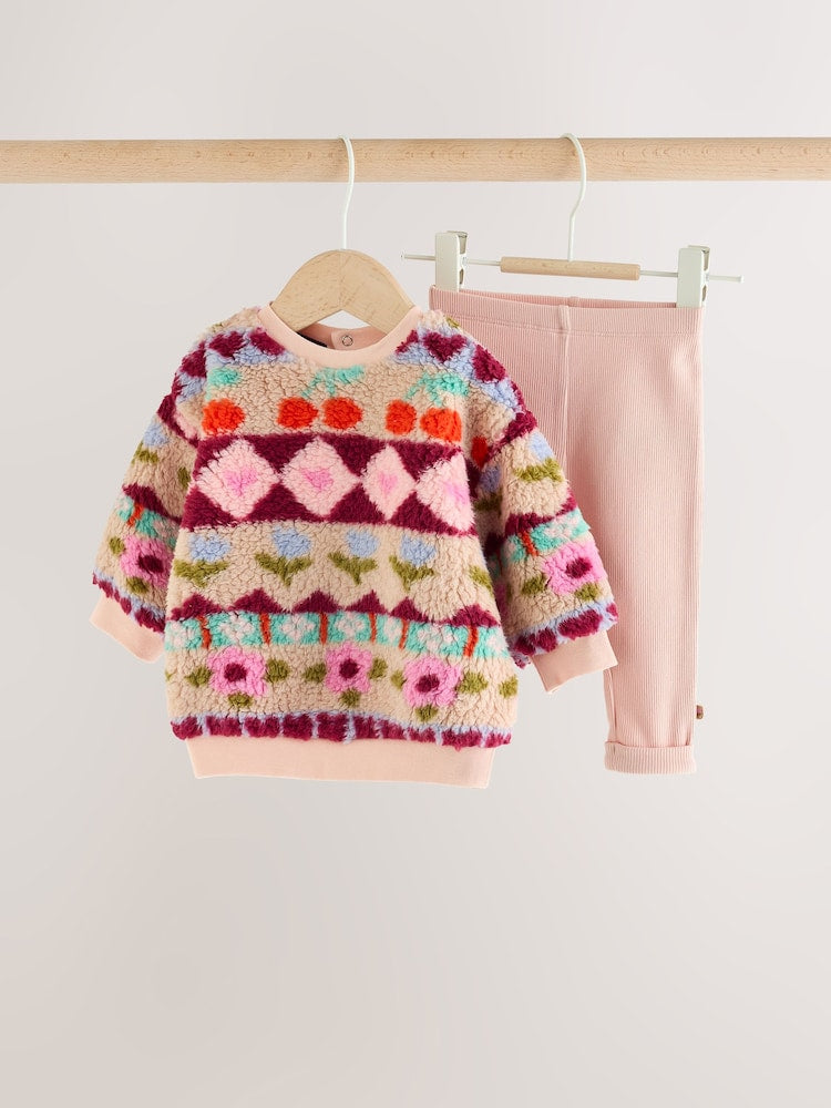 Pink Fairsle Printed Baby Fleece Sweater and Leggings Set 2 Piece (0mths-2yrs)
