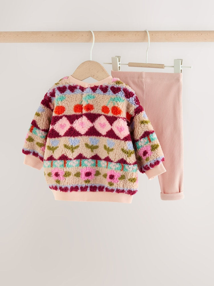 Pink Fairsle Printed Baby Fleece Sweater and Leggings Set 2 Piece (0mths-2yrs)