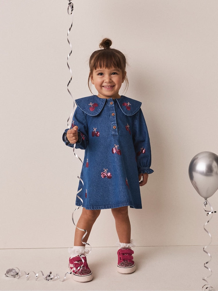 Blue Cherry Sequin Denim Dress (3mths-8yrs) - Blue Cherry Sequin Denim / 12-18 Months (80-86cm)