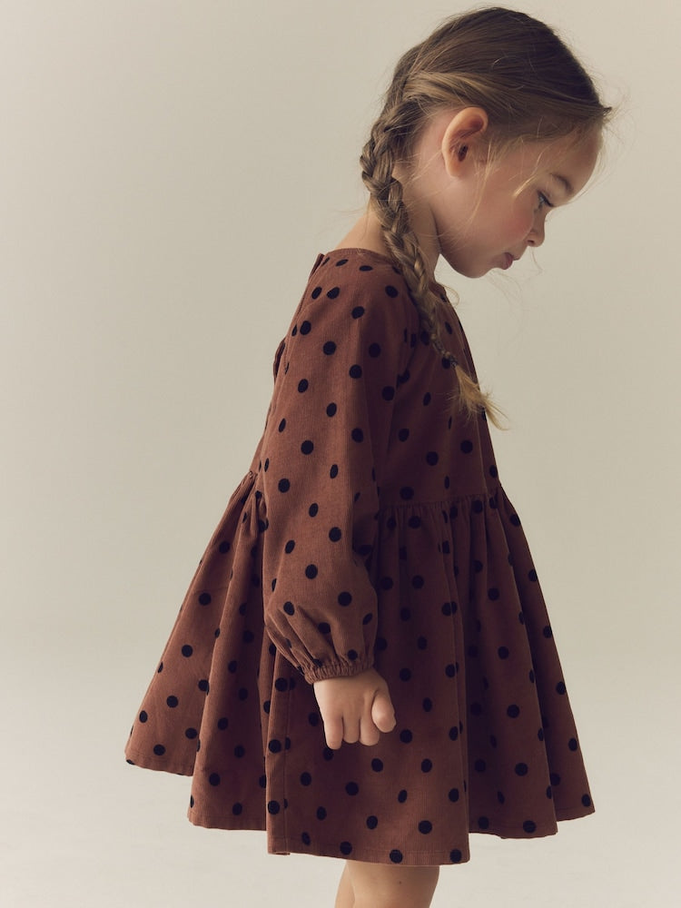 Chocolate Brown Spot Long Sleeve Cord Dress (3mths-8yrs)