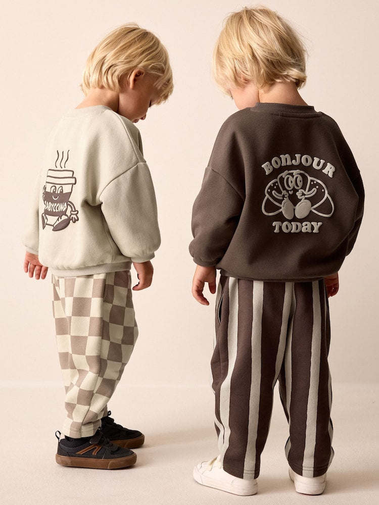 Brown/Cream Crew Neck Joggers Set 4 Piece (3mths-7yrs) - Brown/Cream / 12 - 18 Months (80 - 86cm)
