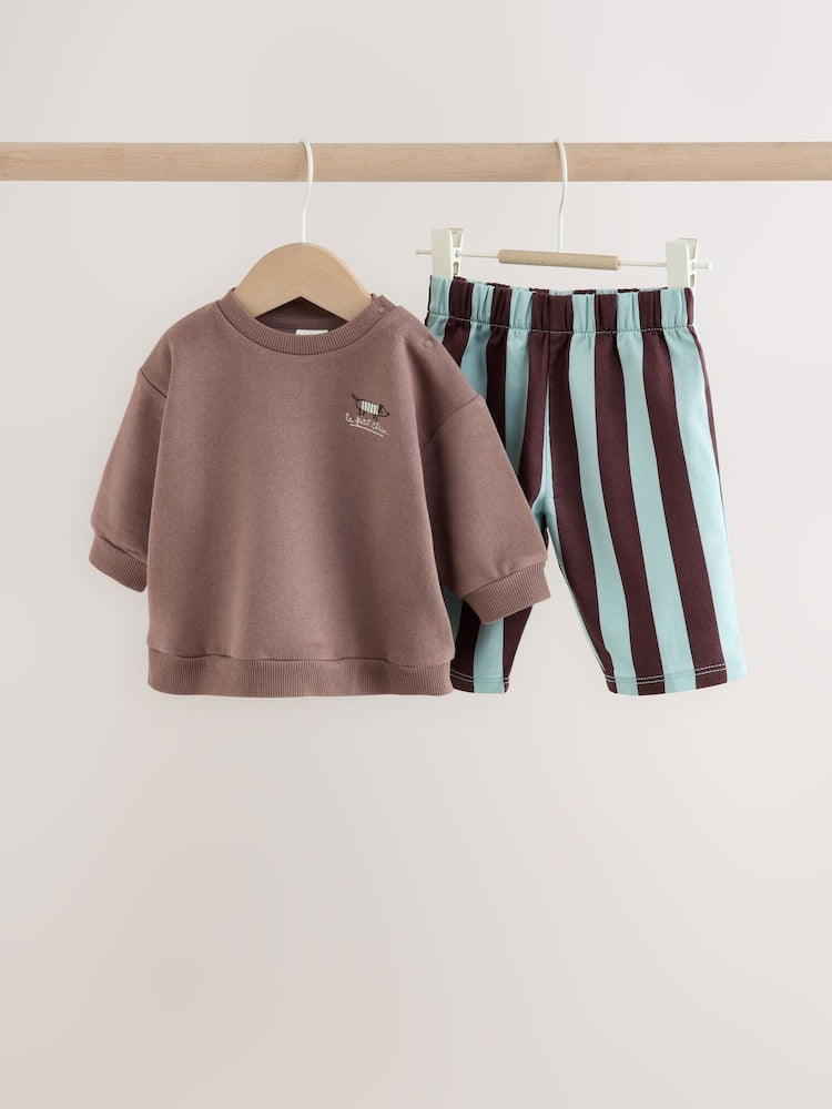 Brown/Blue Sweat Top and Trousers Baby Set (0mths-2yrs) - Brown/Blue / Up to 1 Month (50-56cm)