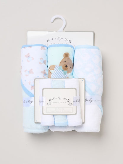 Rock-A-Bye Baby Boutique Hooded Blue Towels and Wash Cloth Set 3 Pack