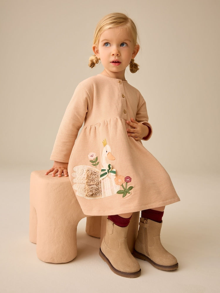 Ecru Emboidered Swan Long Sleeve Dress (3mths-7yrs)
