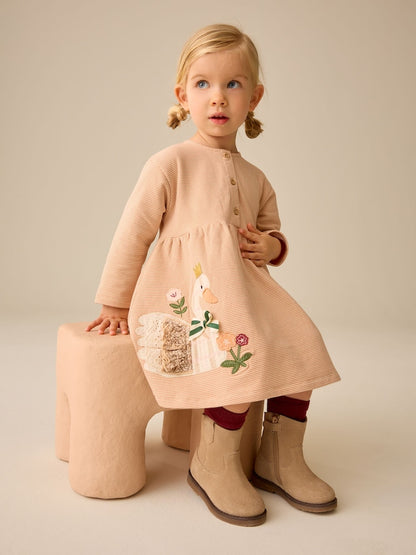Ecru Emboidered Swan Long Sleeve Dress (3mths-7yrs)