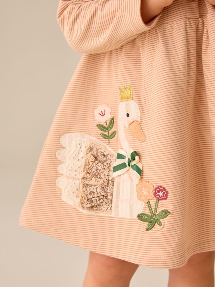 Ecru Emboidered Swan Long Sleeve Dress (3mths-7yrs)