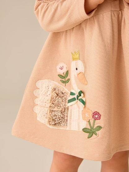 Ecru Emboidered Swan Long Sleeve Dress (3mths-7yrs)
