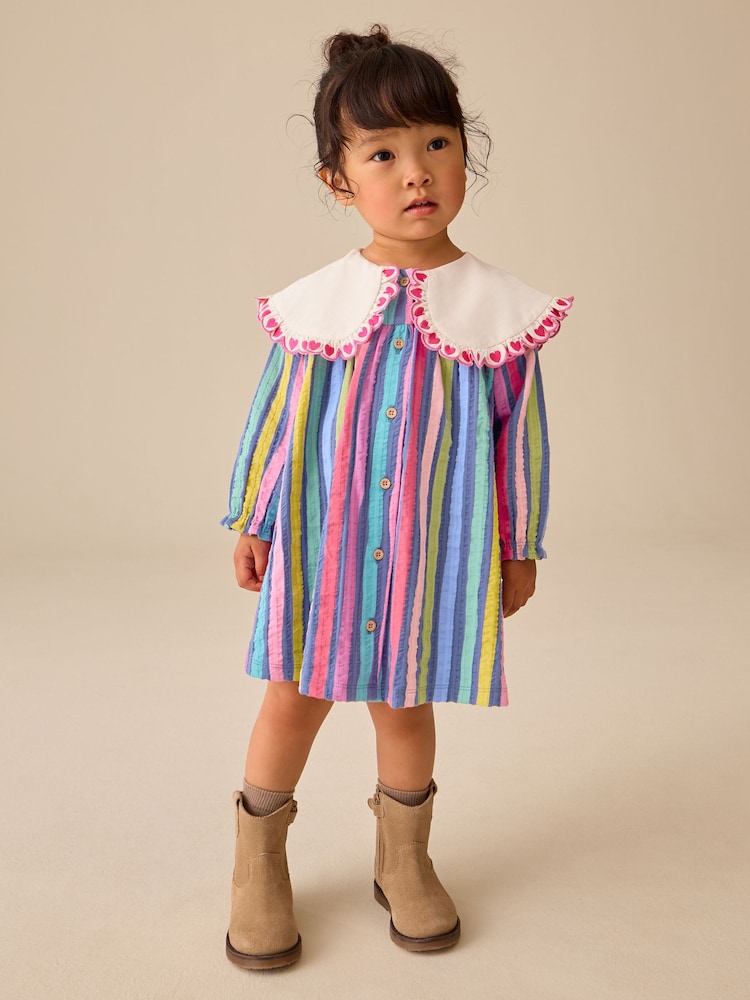 Rainbow Stripe Long Sleeve Collar Dress (3mths-7yrs) - Rainbow Stripe / 12-18 Months (80-86cm)