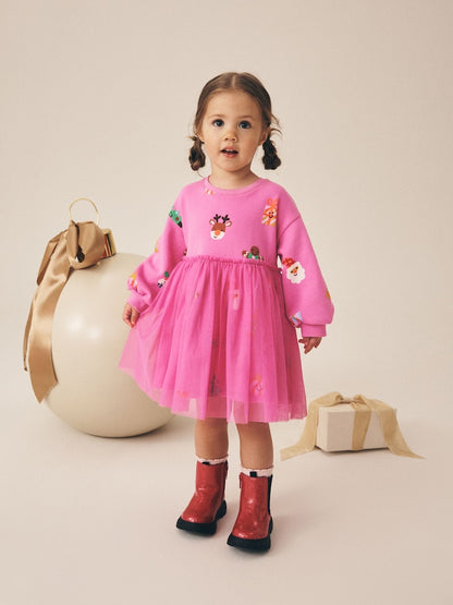 Bright Pink Christmas Long Sleeve Sweat Mesh Dress (3mths-7yrs) - Bright Pink Christmas Long Sleeve Sweat Mesh / 12-18 Months (80-86cm)