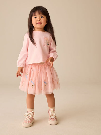 Pale Pink Embroidery Long Sleeve Top and Skirt Set (6mths-7yrs) - Pale Pink Embroidery / 12 - 18 Months (80 - 86cm)
