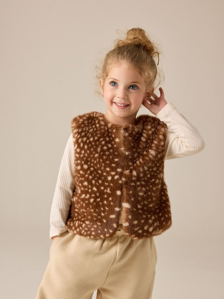 Deer Animal Print Faux Fur Gilet (3mths-7yrs) - Deer Animal Print / 12-18 Months (80-86cm)