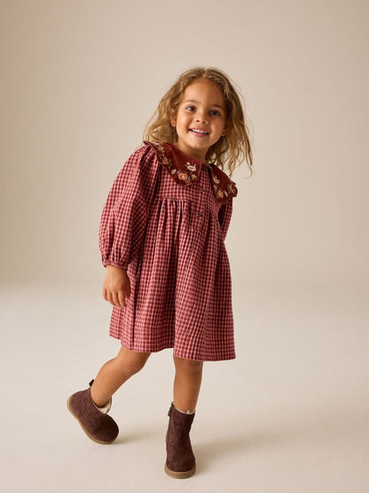 Chocolate Brown Cord Collar Check Long Sleeve Dress (3mths-8yrs) - Chocolate Brown Cord Collar Check Long Sleeve / 12-18 Months (80-86cm)