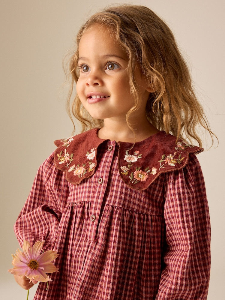 Chocolate Brown Cord Collar Check Long Sleeve