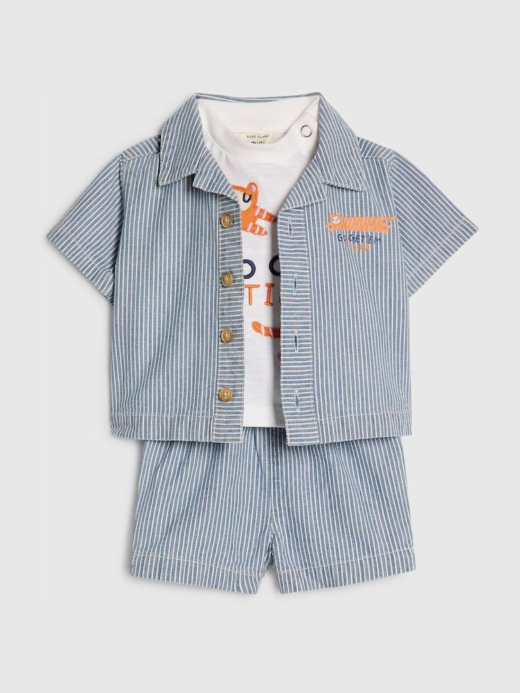 River Island Blue Tiger Stripe Abbie Rosie Shirt &amp; Shorts Set 3 Piece