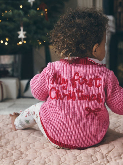 Pink and Red My First Christmas Baby Cardigan (0-18mths) - Up to 1 Month (50-56cm)