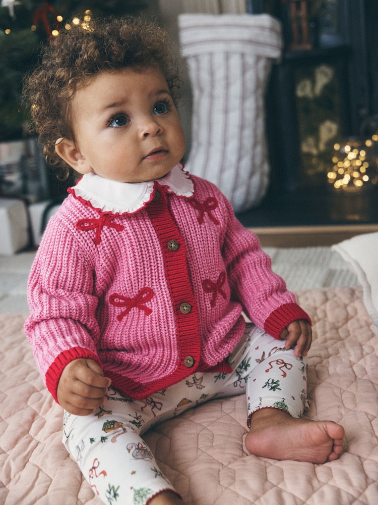 Pink and Red My First Christmas Baby Cardigan (0-18mths)
