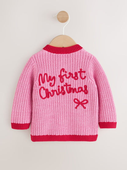 Pink and Red My First Christmas Baby Cardigan (0-18mths)