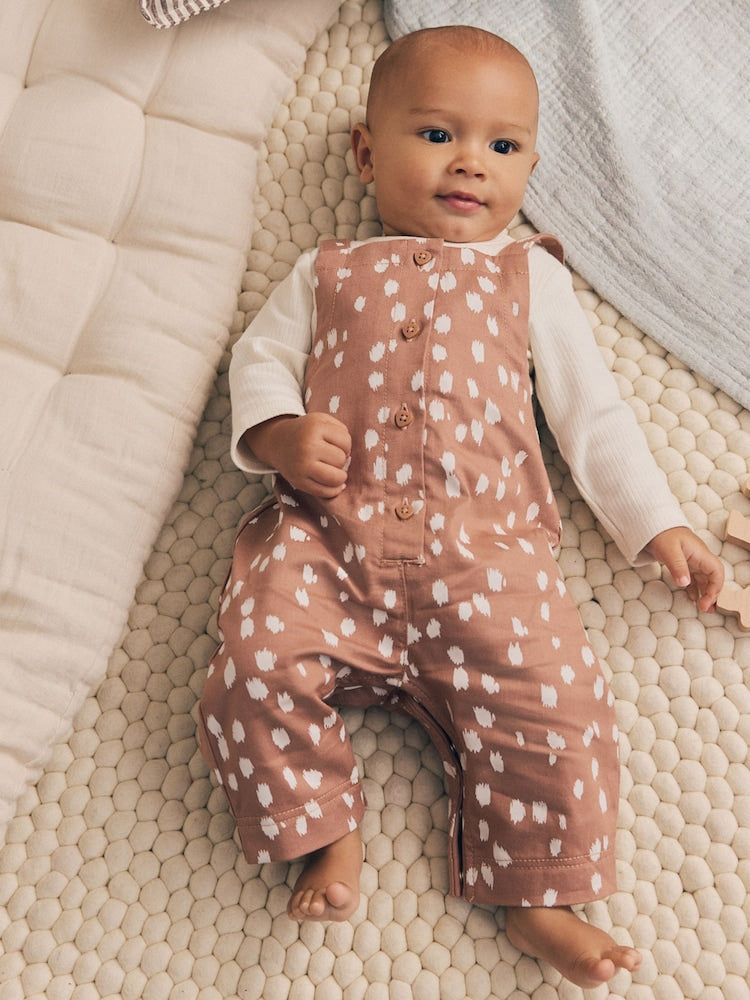 Tan Brown Spot Long Sleeve Bodysuit And Woven Dungarees Set 2 Piece (0mths-2yrs) - Tan Brown Spot / 12 - 18 Months (80 - 86cm)