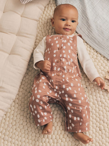 Tan Brown Spot Long Sleeve Bodysuit And Woven Dungarees Set 2 Piece (0mths-2yrs) - Tan Brown Spot / 12 - 18 Months (80 - 86cm)