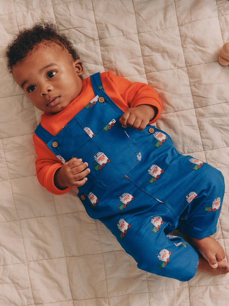 Blue/Red Milk Truck Baby Twill Dungarees and Bodysuit Set (0mths-2yrs) - Blue/Red Milk Truck / Up to 1 Month (50-56cm)