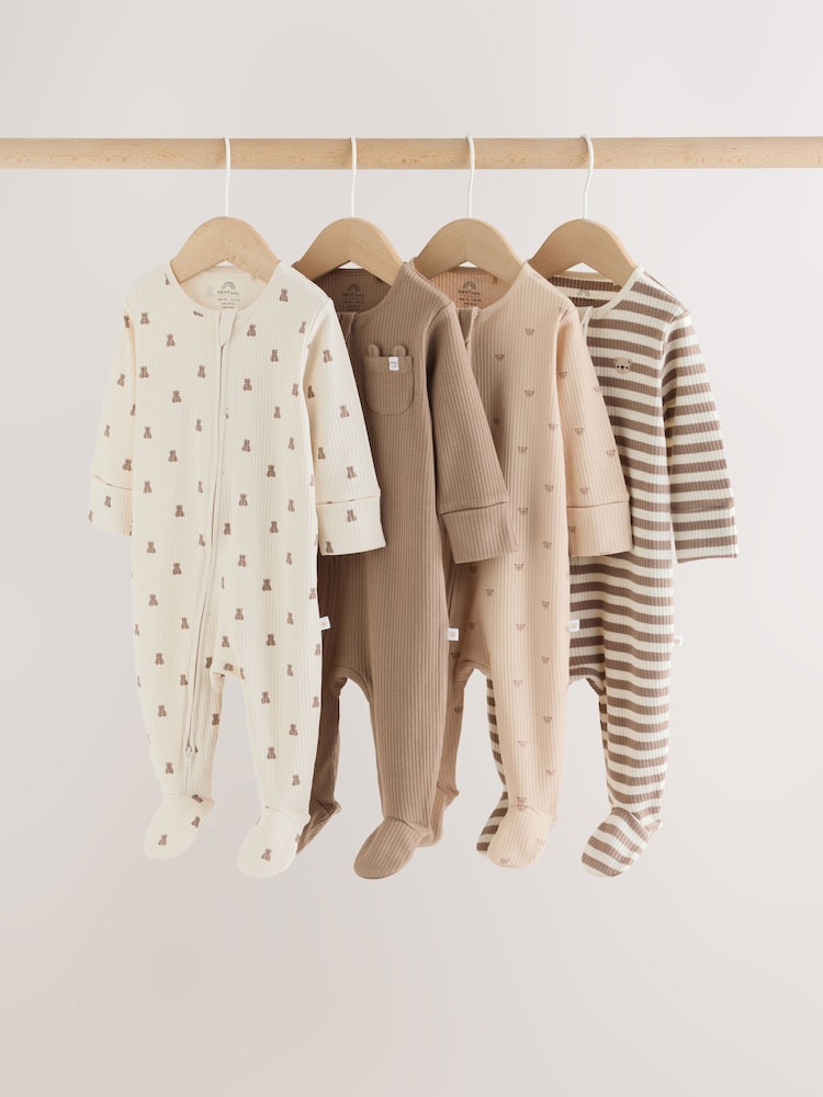 Neutral Brown Bear Two Way Zip Baby Sleepsuits 4 Pack (0mths-2yrs) - Neutral Brown Bear / Up to 1 Month (50-56cm)