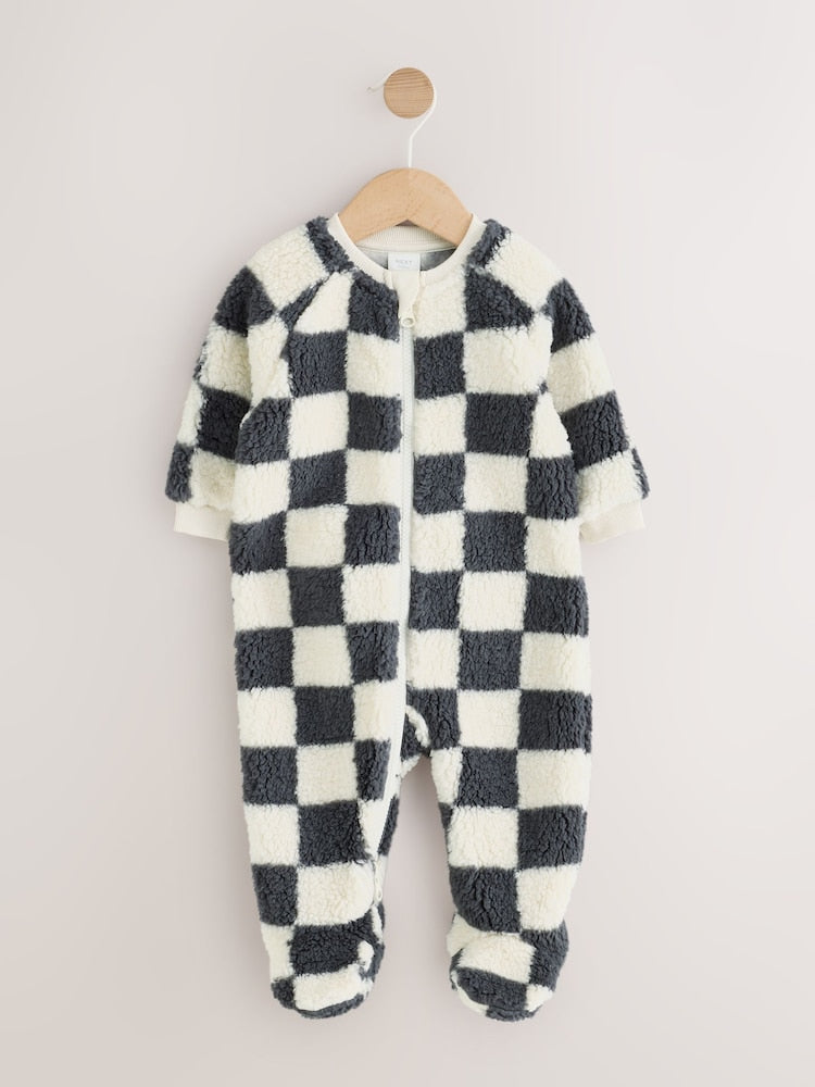 Grey Checkerboard Borg Two Way Zip Sleepsuit - Grey Checkerboard / 12 - 18 Months (80 - 86cm)