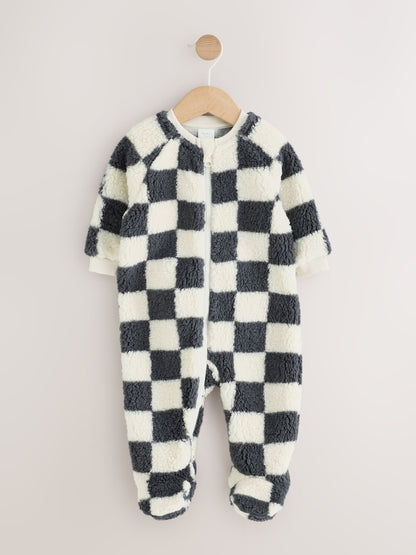 Grey Checkerboard Borg Two Way Zip Sleepsuit - Grey Checkerboard / 12 - 18 Months (80 - 86cm)