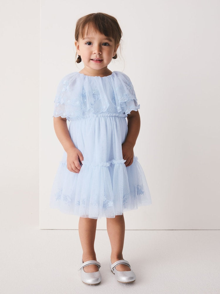 Pastel Blue Embroidered Mesh Cape Occasion Dress (3mths-8yrs) - Pastel Blue / 12-18 Months (80-86cm)