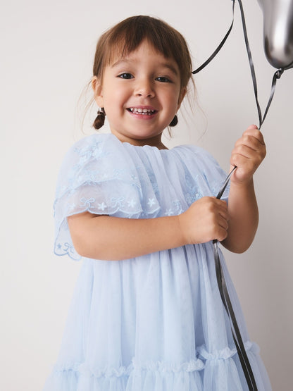 Pastel Blue Embroidered Mesh Cape Occasion Dress (3mths-8yrs)