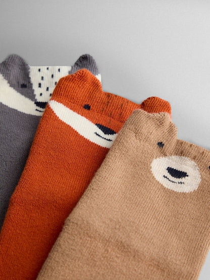 JoJo Maman Bébé Animal Print 3-Pack Woodland Extra Thick Socks - Size Up To 6 Months (50 - 68cm)