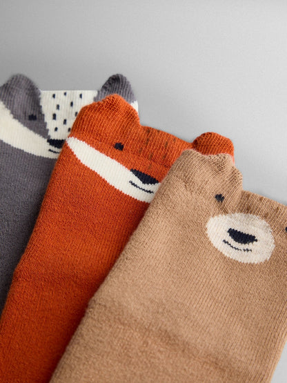 JoJo Maman Bébé Animal Print 3-Pack Woodland Extra Thick Socks - Size Up To 6 Months (50 - 68cm)