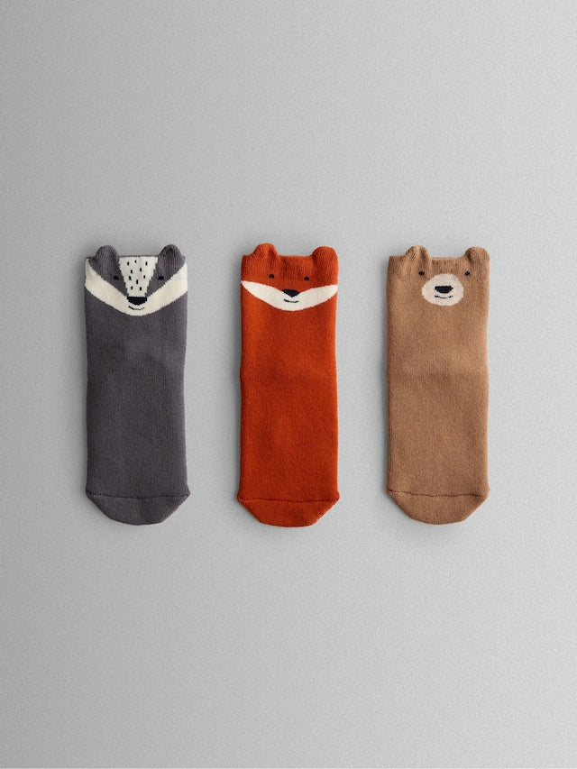 JoJo Maman Bébé Animal Print 3-Pack Woodland Extra Thick Socks - Size Up To 6 Months (50 - 68cm)