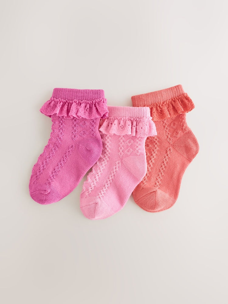 Pink and Coral Lace Baby Socks 3 Pack - Pink and Coral / Up To 3 Months (50 - 62cm)