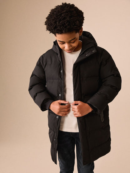 Black Waterproof Padded Long Line Coat (3-16yrs)