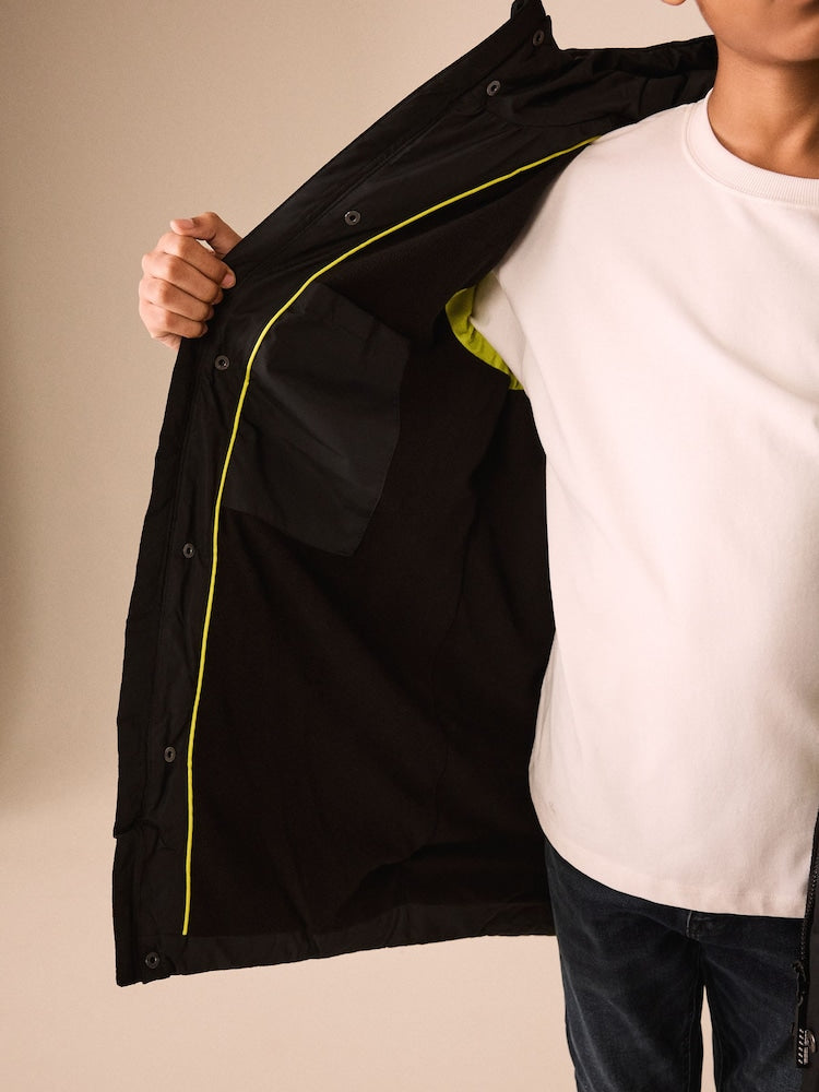 Black Waterproof Padded Long Line Coat (3-16yrs)