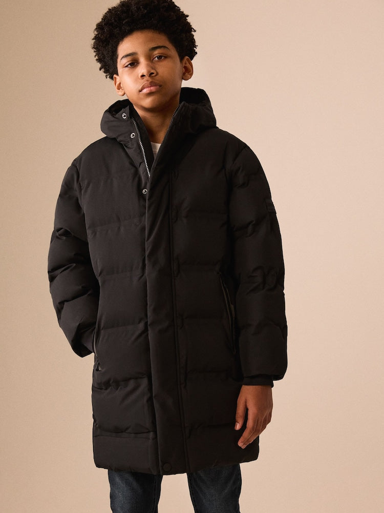 Black Waterproof Padded Long Line Coat (3-16yrs)