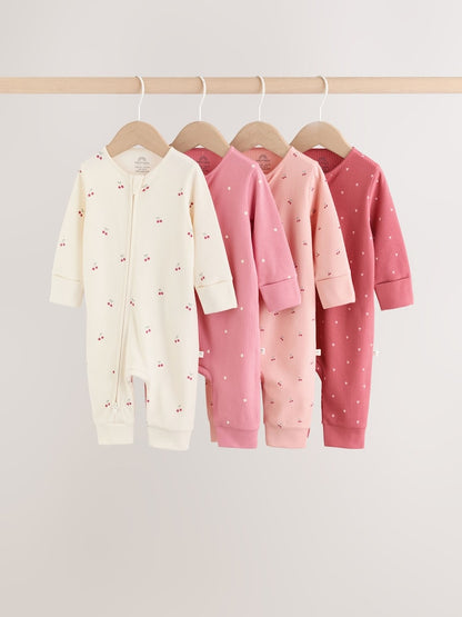 Pink Cherry Print Two Way Zip Baby Sleepsuits 4 Pack (0-3yrs) - Up to 1 Month (50-56cm)