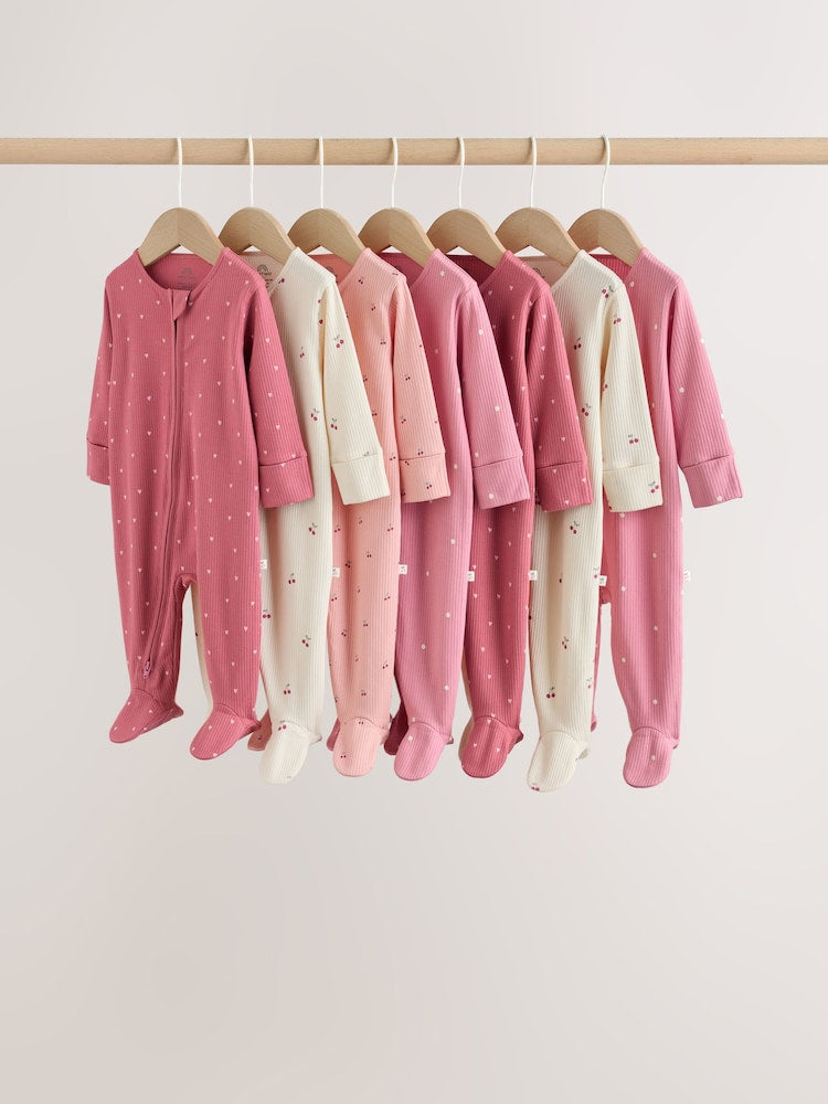 Pink Cherry Print Baby Sleepsuit 7 Pack (0mths-3yrs) - Up to 1 Month (50-56cm)