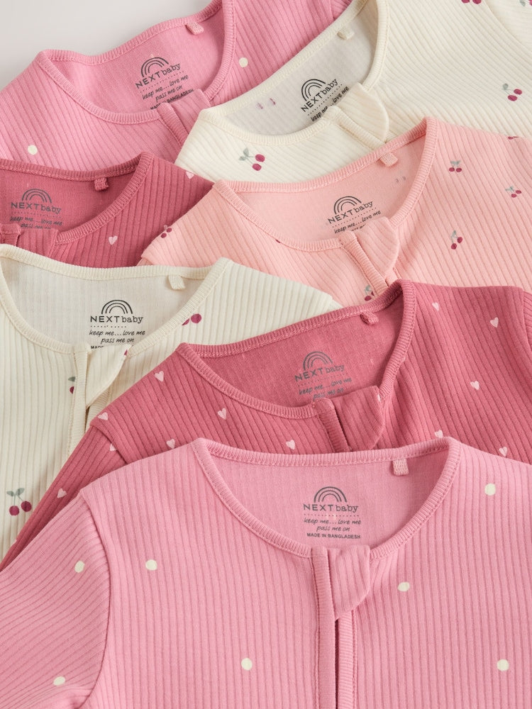 Pink Cherry Print Baby Sleepsuit 7 Pack (0mths-3yrs)